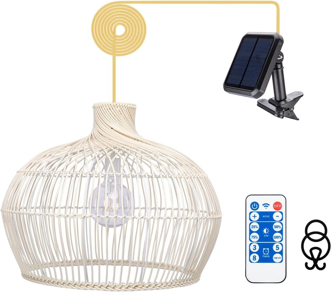 Solar Outdoor Chandelier, 17.3"" Outdoor Pendant Lights Rattan Solar Hanging Lights Large Rattan Ceiling Light with Remote 4 Modes Lighting Waterproof Lighted for Garden Porch Patio Kitchen, White