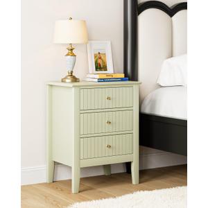 Fluted Nightstand, Farmhouse Night Stand with 3 Drawers, Mid Century Modern Side Accent Table, Bedside End Table for Bedroom, Living Room, Pale Green