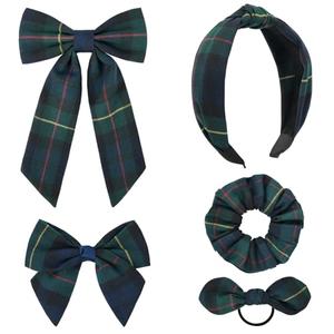 DEEKA 5 Styles Uniform Plaid Long Tail Hair Bows Knotted Headband Scrunchies Bow Set Alligator Clips Back to School Accessories for Toddler Little School Girls (Dark Green, Navy, Red&Yellow 5 Styles)