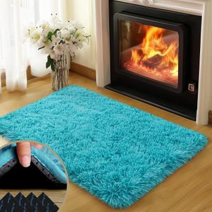 2x3 Rugs for Bedroom, Fluffy Area Rugs for Living Room, Soft Shag Kids Rug Small Carpet with 4 Non-Slip Rug Pads (Turquoise Blue, 2ft x 3ft)