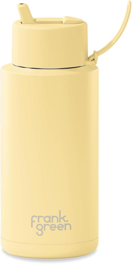 frank green - Ceramic Reusable Bottle - Stainless Steel Water Bottle With Straw, Insulated Water Bottle, Metal Water Bottle - Flip Straw Lid - 34oz - Buttermilk