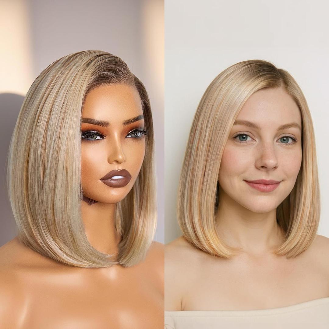 GORGIUS Ombre Blonde Bob Lace Front Wigs with Brown Roots Pre Cut Glueless Side Part Short Straight Wig For Women Pre Plucked Hairline 12 Inch (#T4633)