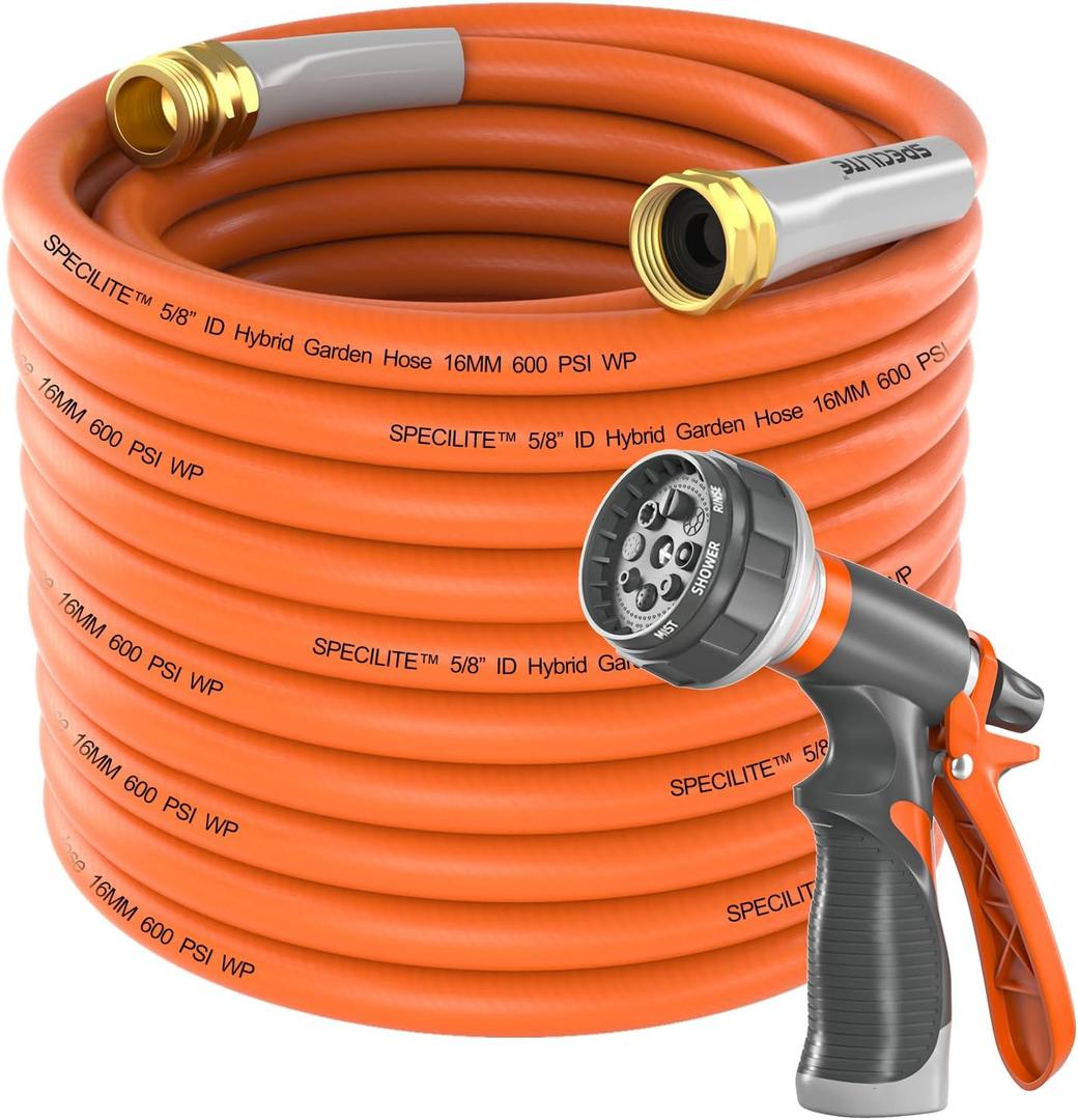 SPECILITE Garden Water Hose 200 ft x 5/8 in Heavy Duty, Flexible and Lightweight, Burst 600 psi, Kink-less Hybrid Rubber Pipe for Backyard, 3/4'' Brass Fittings, Orange
