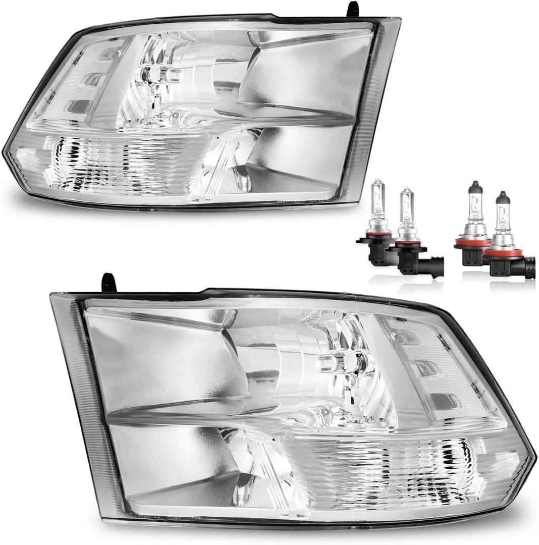 Headlights for 2009-2018 Dodge Ram 1500, for 2010-2018 Dodge Ram 2500 3500 with High/Low beam Bulbs, Driver & Passenger Side(ONLY fit Quad-Hole Single Headlight)