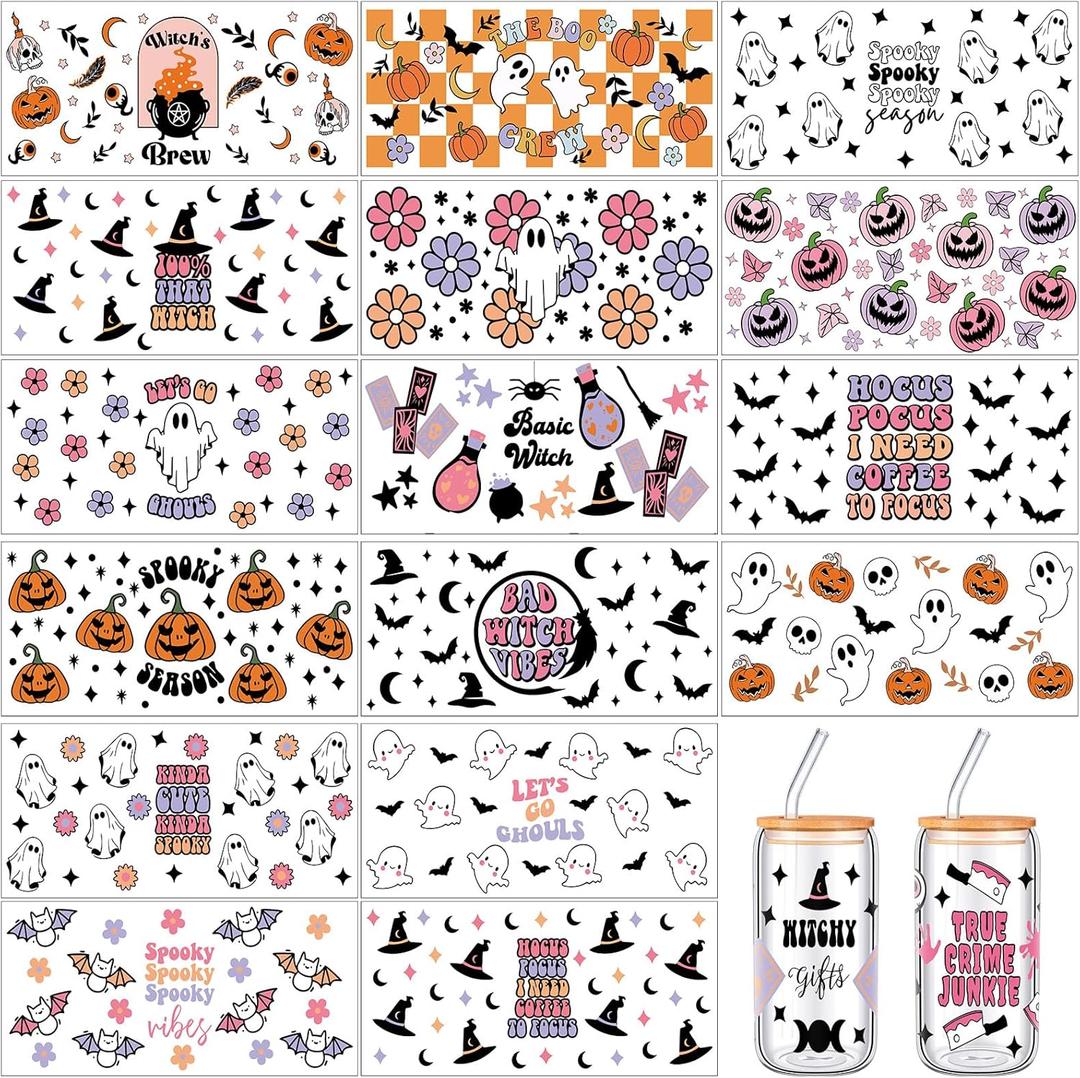 18 Sheets Halloween UV DTF Cup Wrap Transfer for Glass 16 oz Retro Halloween Cups Stickers Cute Ghost Pumpkin Witch Waterproof Rub on Transfers Bat Mug Sticker Decal for Cup Crafting DIY
