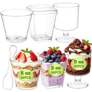 SHOPDAY 5 oz Plastic Dessert Cups with Spoons 150 Pack
3 Shapes Small Paifait Cups, Goblet & Round & Square Dessert Cups Each 50 Pcs, Appetizer Cups Shooter Cups for Mousse Yogurt