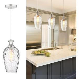 Glass Pendant Lights Kitchen Island, 1-Light Brushed Nickel Pendant Light Fixtures with Hand-Blown Clear Glass, Modern Farmhouse Hanging Light for Kitchen Sink Dining Room Bedroom, E26