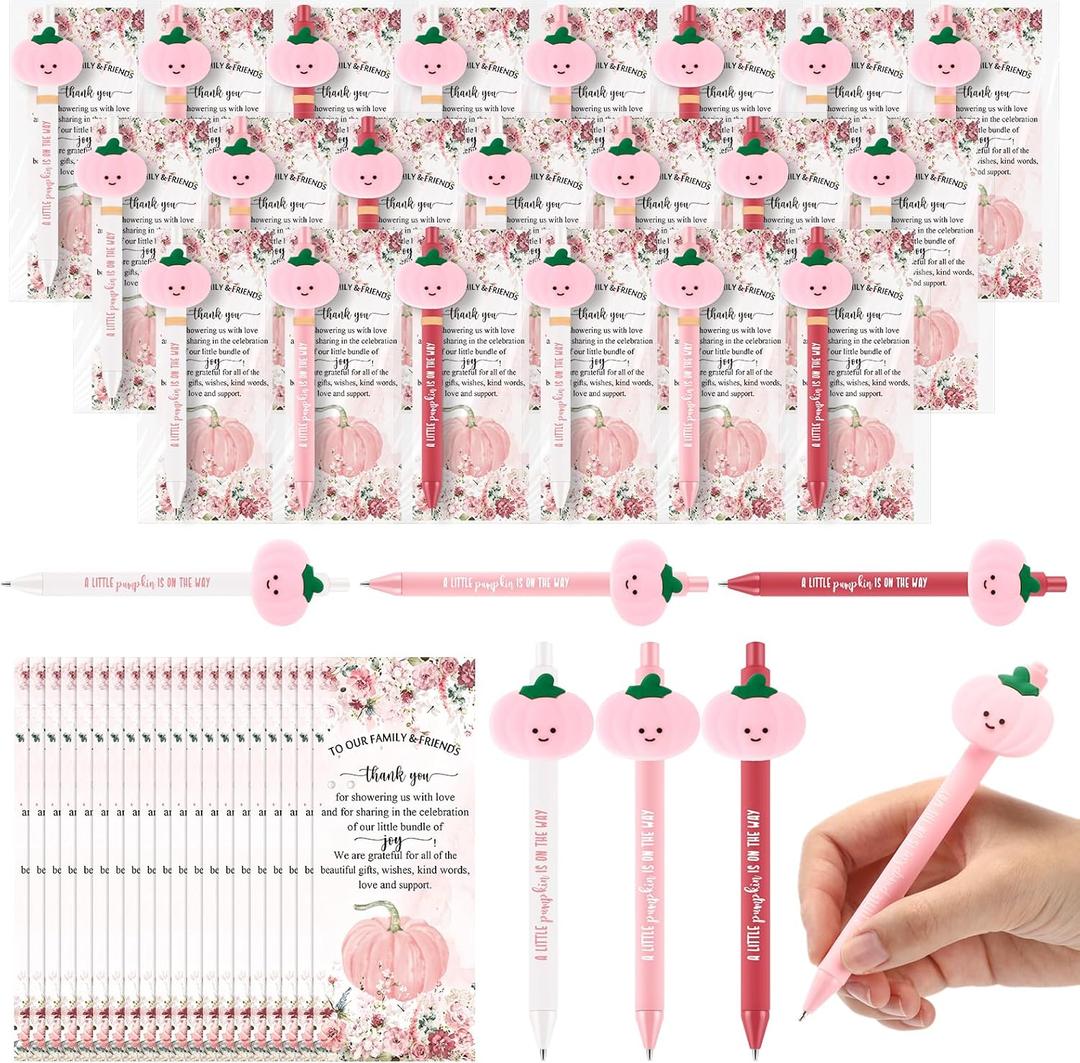 54 Sets Pink Gender Reveal Decorations Bulk a Little Pumpkin Is on The Way Ballpoint Pen with Thank You Cards Gifts for Guests