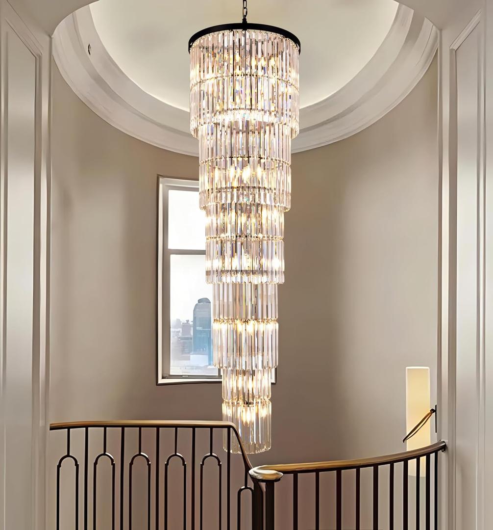 Wellmet Black Crystal Chandelier for High Ceilings, 82 Inch Long Modern Black Crystal Raindrop Chandeliers Hanging Lighting Fixture, Round Ceiling Light for Foyer Entryway Staircase Living Room