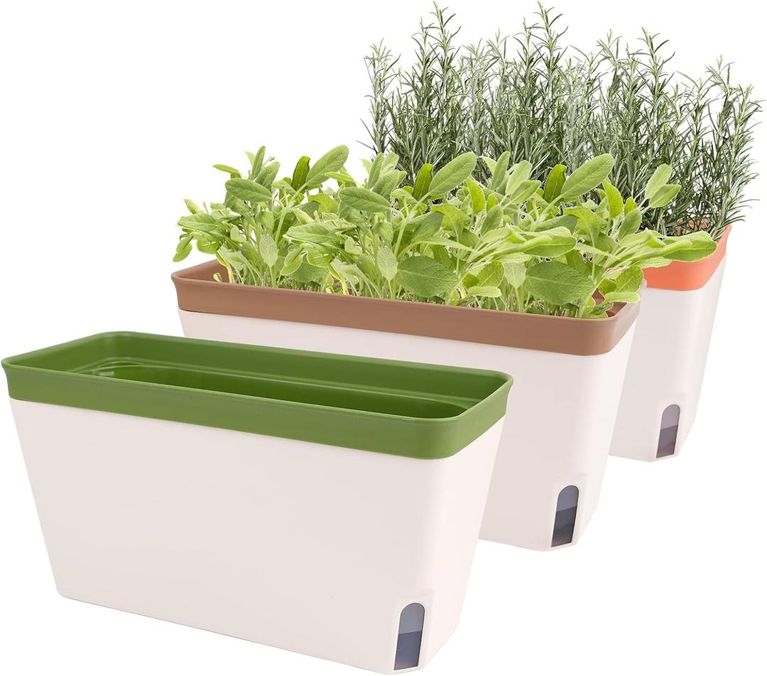 OurWarm Windowsill Herb Planter Box Indoor Set of 3, 10.5 Inch Self Watering Planter Pots with Visual Water Level Window, Modern Plastic Plant Pots for Herbs, Vegetables, Succulents Plants