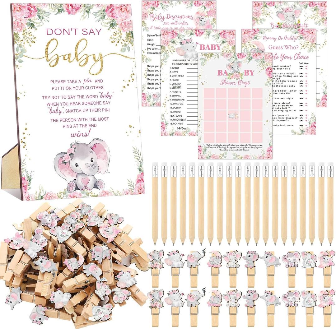 Patelai 321 Pcs Elephant Themed Baby Shower Decorations It's a Girl Pink Baby Shower Games 5 Set for Pink Elephant Theme Gender Reveal Girls Birthday Party Decorations Supplies