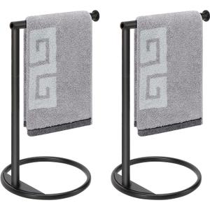 NearMoon Hand Towel Holder Stand, Thicken Metal L Shape Hand Towel Rack, Small Towel Ring, Stable Standing Towel Bar for Bathroom Kitchen Vanity Countertop, 8 L 14 H (Matte Black, 2 Pack)