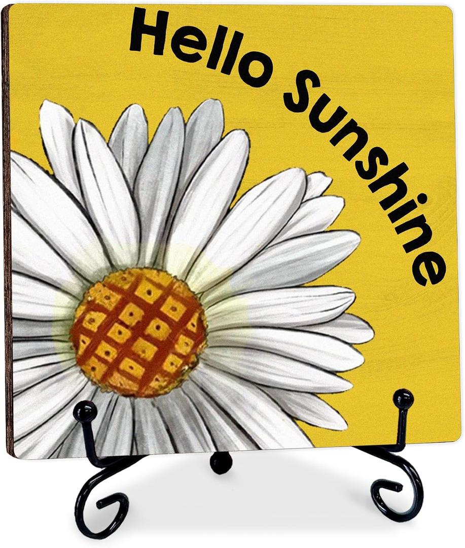 Summer Decor - 5‘’ Hello Sunshine Wooden Sign with Metal Stand - Daisy Rustic Farmhouse Seasonal Desktop Decor for Office Room Desk Shelf, Home Decoration & Housewarming Gift For Friends Family -A02
