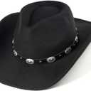Women & Men Felt Western Cowboy Hat Classic Roll Up Brim Belt Buckle Cowgirl Fedora (M-L)