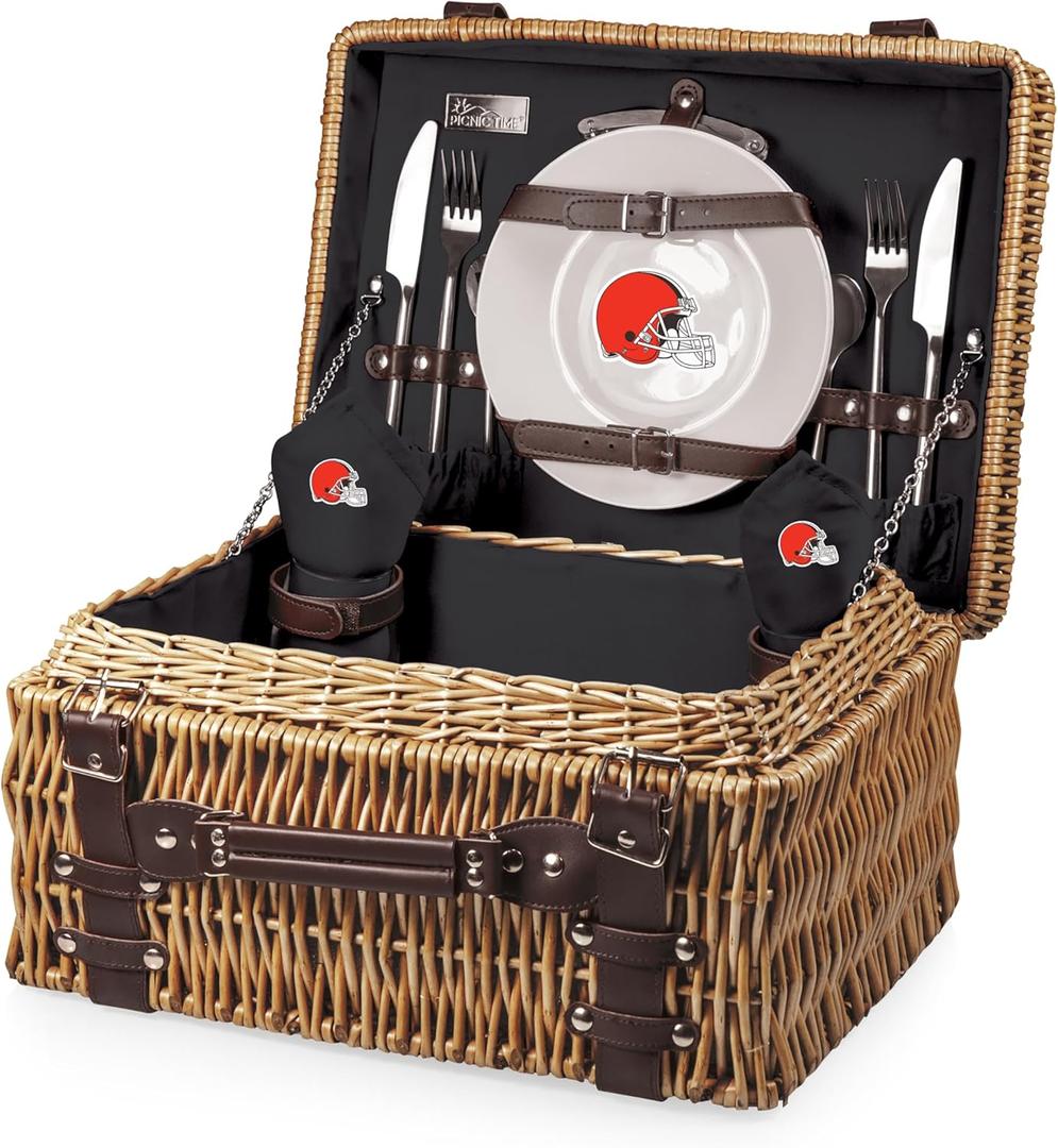 PICNIC TIME NFL Champion Picnic Basket for 2, Wicker Picnic Basket, 2 Person Picnic Set, (Black with Brown Accents)