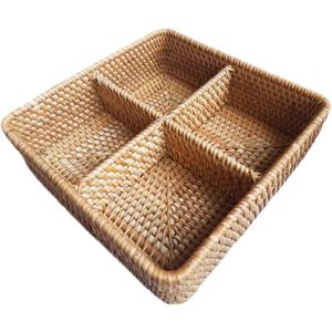 I-lan 4-compartment Square Woven Natural Wicker Storage Basket Box without Lid, 4 Divided Rattan Basket Organizer for Countertops ,Shelf, Snacks, Candy, Nuts and Other Accessories