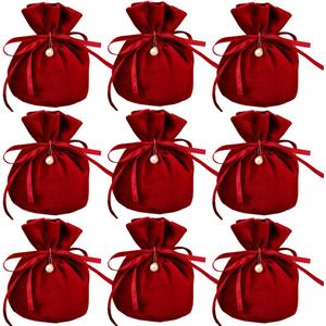 20 Pcs Round Bottom Drawstring Velvet Gift Bags Jewelry Pouches with Pearl Bead,for Wedding Favors,Christmas,Party Favors,Birthday,Red wine
