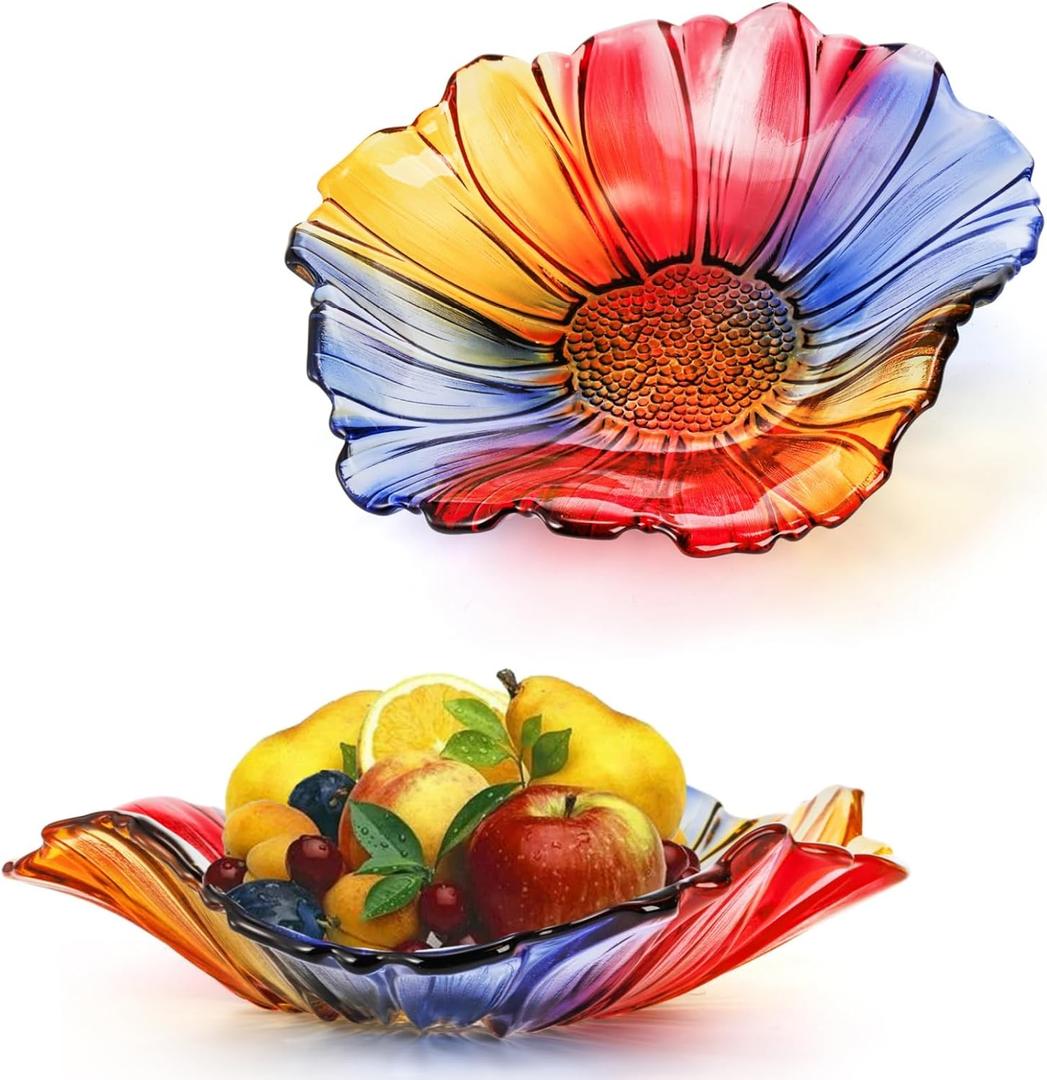 Dicunoy 2 Pack Glass Fruit Bowls, 10" Colorful Vegetable Fruit Plate for Kitchen Counter Table, Modern Creative Stylish Candy Dish, Decorative Sunflower Bowls for Home, Table Centerpieces