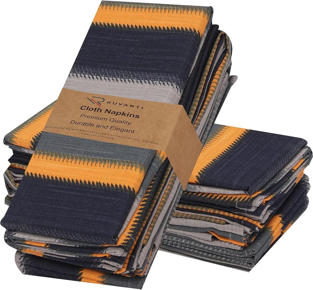 RUVANTI Cloth Napkins Set of 12 Cotton 100%, 18x18 Inches Napkins Cloth Washable, Soft, Absorbent. Cotton Napkins for Parties, Christmas, Thanksgiving, Weddings, Dinner Napkins Cloth - Stripes