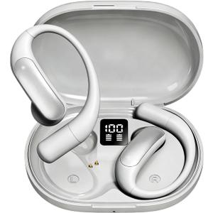 Wentronic Open Ear Headphones, Wireless Earbuds Bluetooth 5.4 with Digital Display, Secure Earhook, 48H Playtime, Enhanced Sound, Clear Calls, IP55 Waterproof Ultra-Light Sports Headphones - Silver