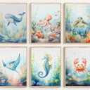 6Pcs Nursery Sea Animal Canvas Wall Art Ocean Cute Watercolor Animal Kids Room Painting Pictures Wall Decor Poster Printing Artwork for Baby Boy Girl Bedroom Children Room Unframed