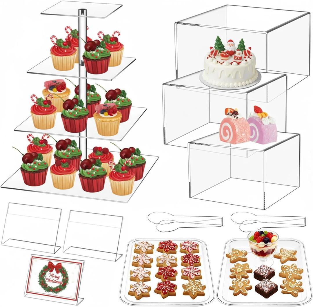 Ripeng 11 Pack Dessert Table Display Set Risers Display Stands, 3 Pcs Buffet Risers, 4 Tier Dessert Stands, 2 Serving Trays, 3 Mini Signs and 2 Serving Tongs for Christmas Birthday Party
