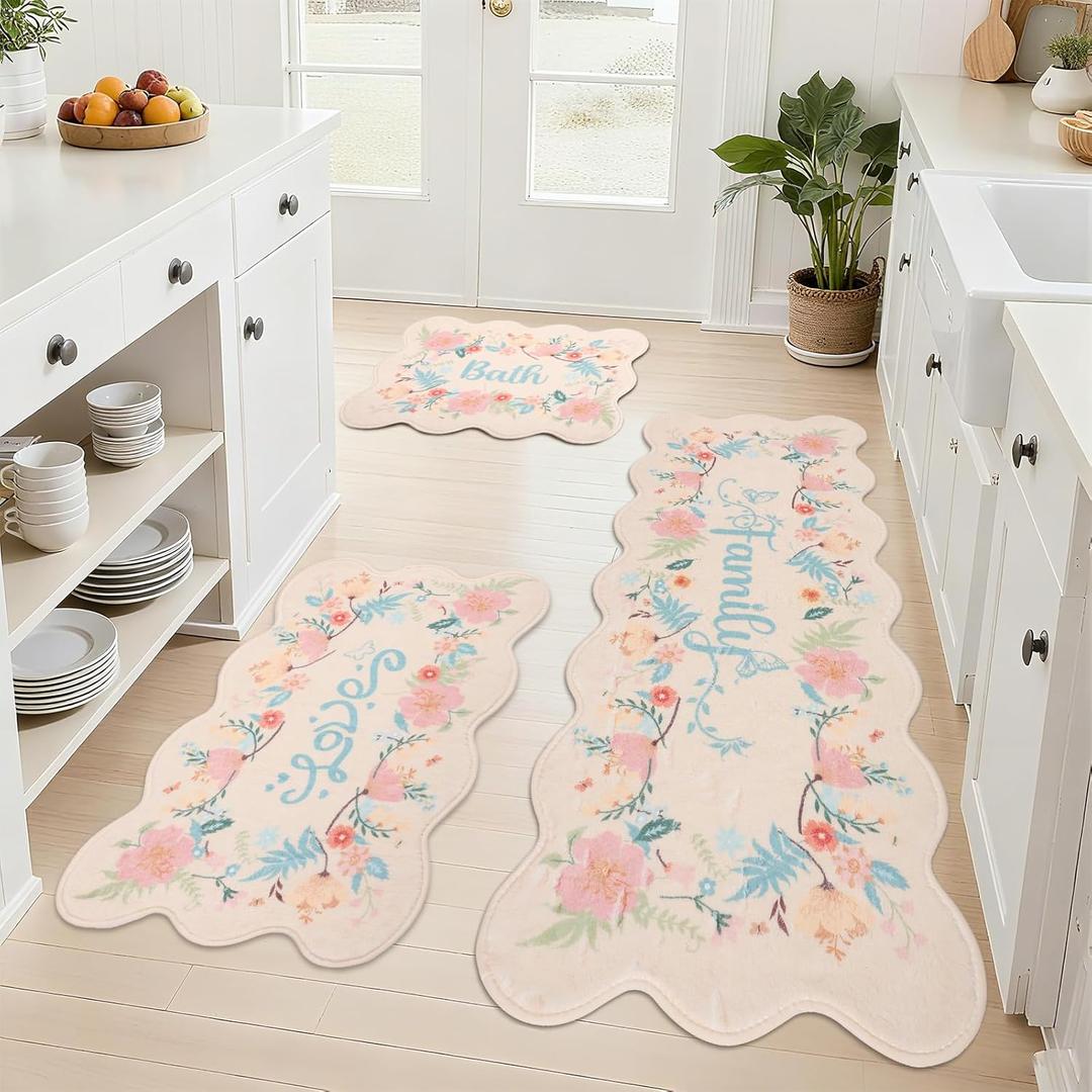 3 Pcs Flowers Kitchen Rug Set, Coquette Room Carpet Decor Bathroom Runner Rugs Soft Floral Bath Mat, Non Skid Romantic Rose Flower Area Rugs for Bath, Bedroom and Living Room