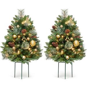 Somikis 30 Inch Outdoor Christmas Tree Set of 2, Battery Operated Pre-Lit Artificial Small Xmas Tree, w/LED Lights and Realistic Carolina Pine for Pathway, Porch, Driveway, Yard