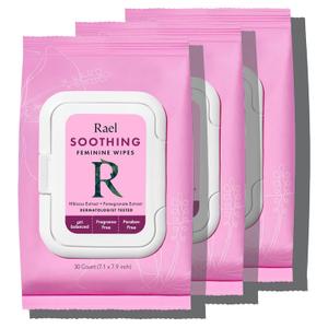 Rael Feminine Wipes, Flushable, Travel Size, All Skin Types, Daily Use (Soothing, 30 Count Pack of 3)