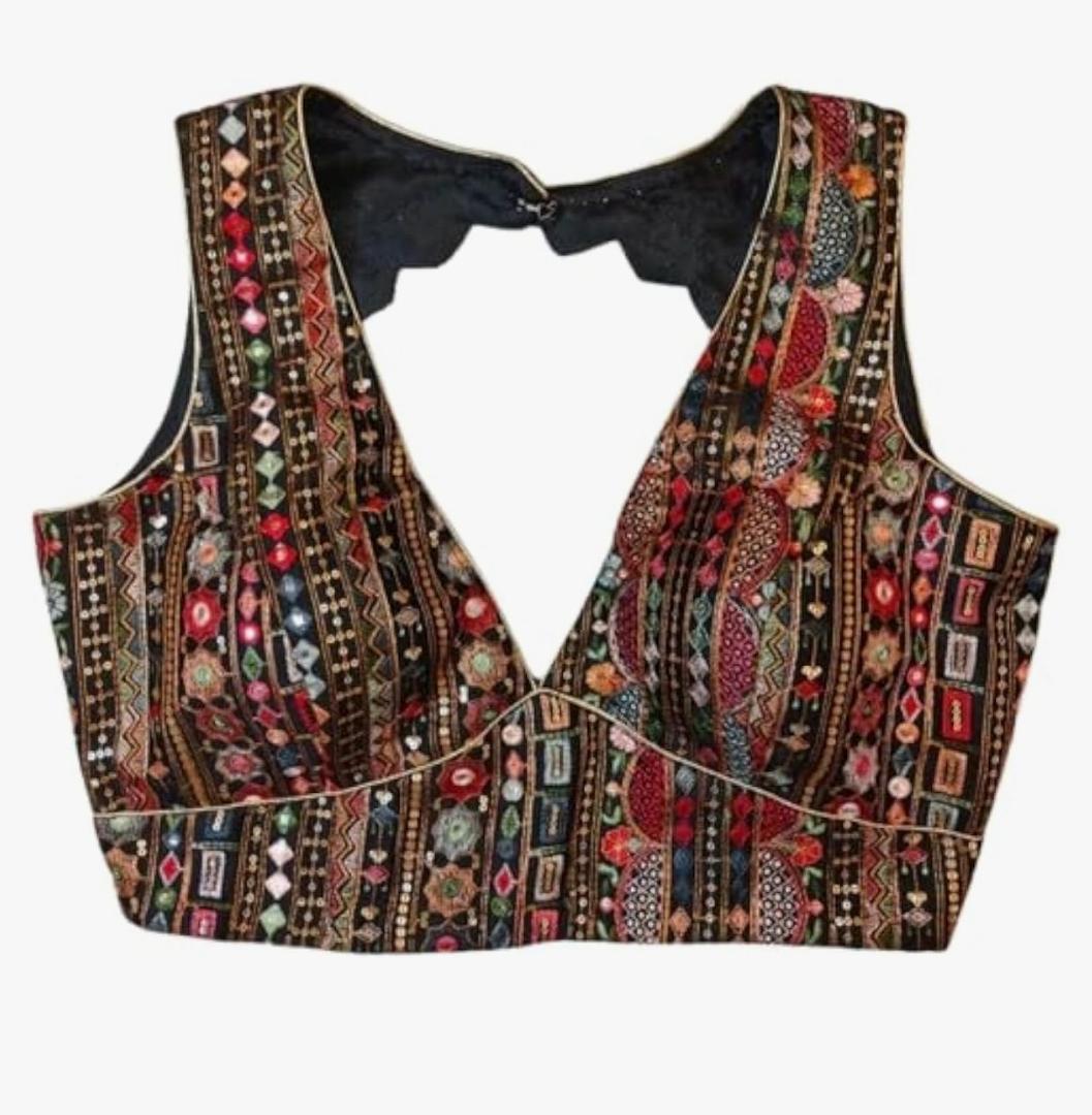KRISHNA Sabyasachi V Cut Elegant Women's Readymade Saree Blouse Georgette Multi Embroidered Fabric Tunic Top Indian (L)