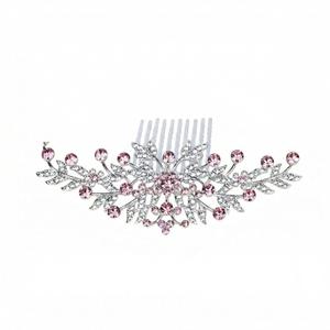 Bridal Hair Combs, Silver Flower Wedding Hair Pieces Pink Rhinestone Crystal Comb Ornament Fancy Diamond Jewelry for Women Brides Bridesmaid Wedding Party Prom Bridal Shower Anniversary