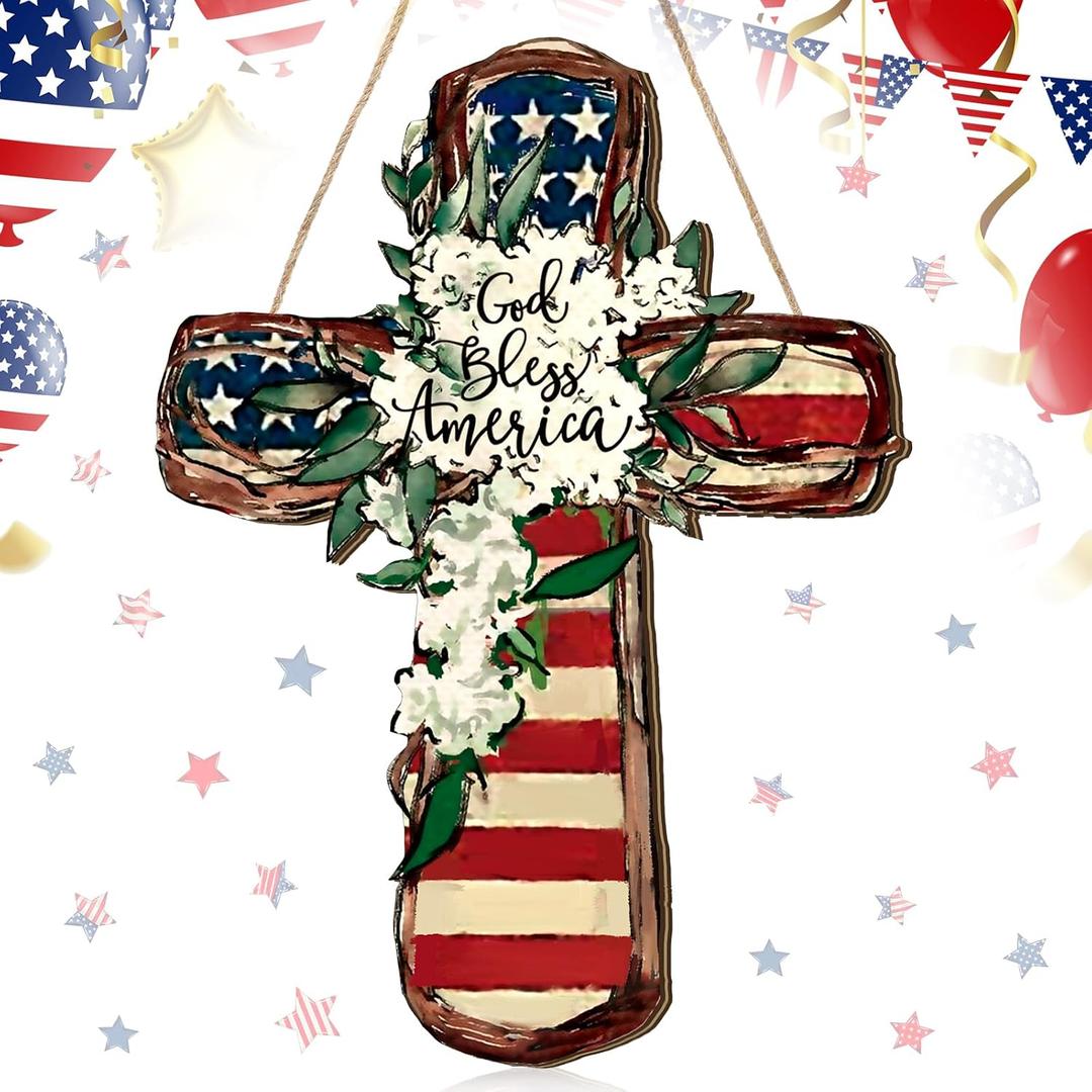 4th of July Door Sign Patriotic Wreath God Bless American Door Hanger Wooden Plaque for Wall Front Porch for Memorial Day Independence Day 250th Anniversary Decorations