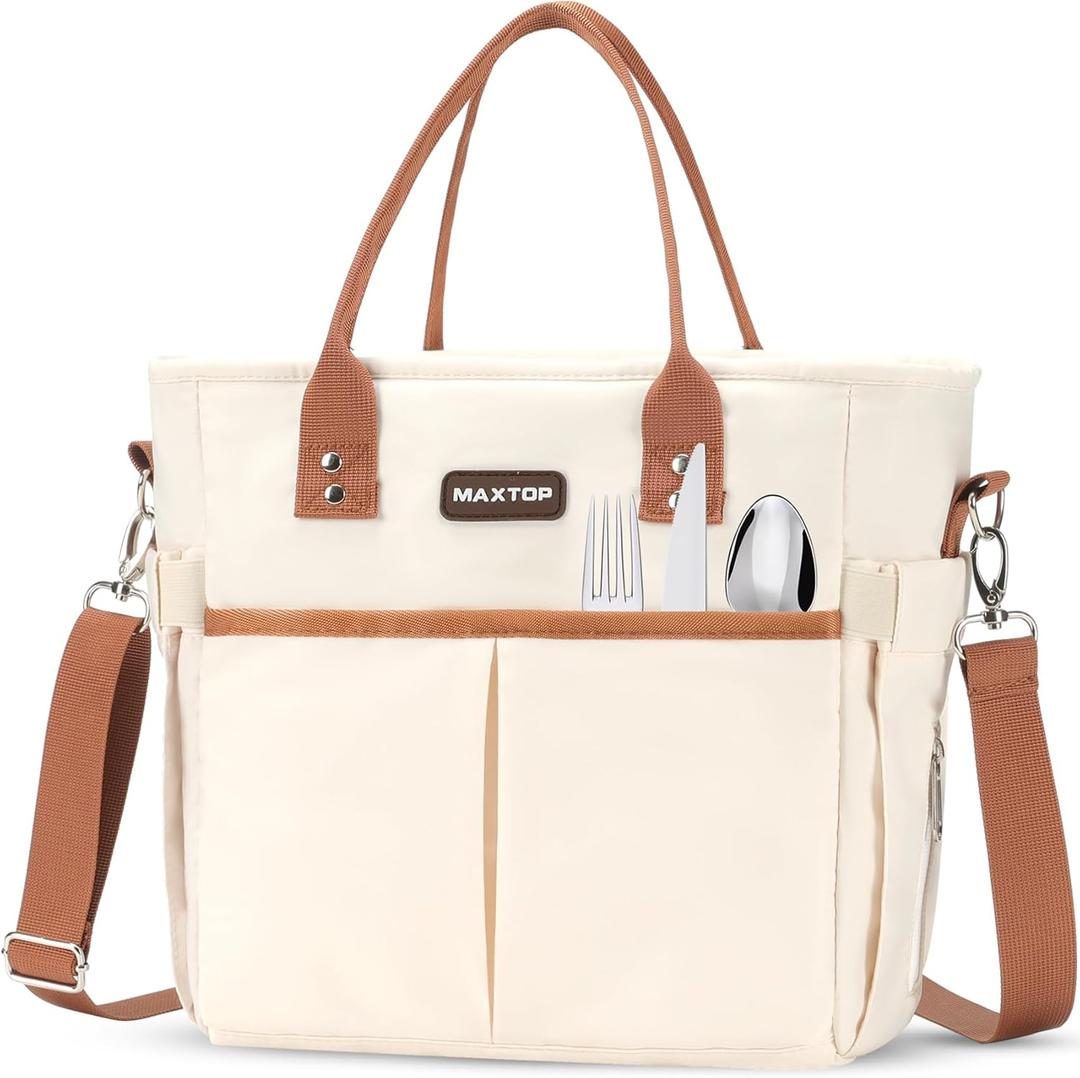MAXTOP Lunch Bag Women for Work Insulated Thermal Lunch Box with Wide-Open Pocket Reusable Leakproof Cooler Bags with Removable Shoulder Strap for Teacher Nurse Office Picnic Travel (Large, White Light Brown)