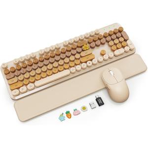 Wireless Keyboard and Mouse Combo, Magnetic Soft-Touch Wrist Rest, Round Keycaps, Full-Size Retro Typewriter Keyboard, 2-Stage Tilt Legs, Auto Sleep, 2.4GHz Cordless for Windows PC, Beige-Brown Ombre