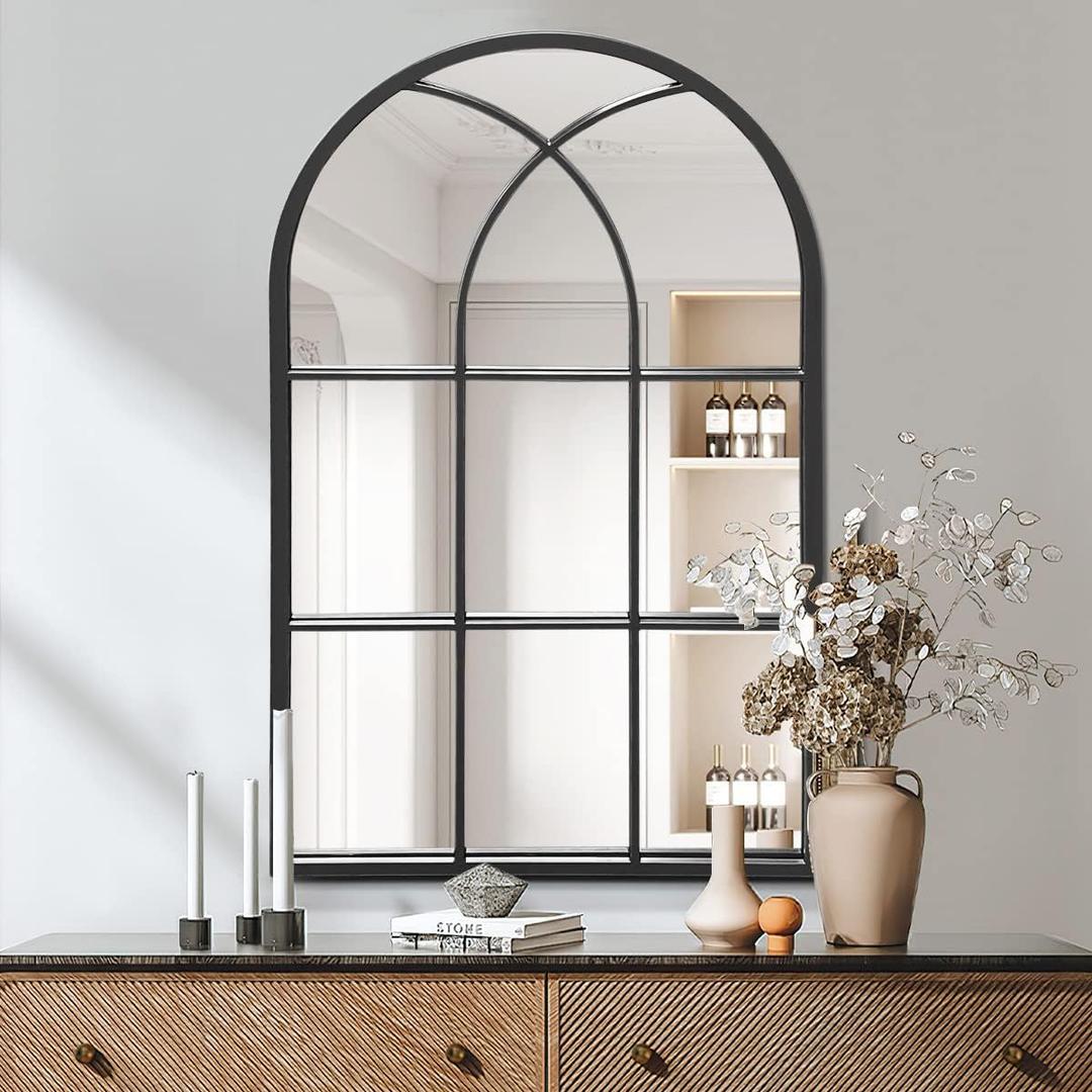 ZMYCZ Arched Wall Mounted Mirror, Black Wall Mirror, Arched-Top Bathroom Mirror, Farmhouse Mirrors, Windowpane Metal Frame Mirror, Long Hanging Mirrors for Living Room or Bedroom (30"x20")