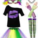 SATINIOR 6 Pcs Mardi Gras Outfit for Women Mardi Gras Costume Purple Sequin T-Shirt Skirt with Feather Mask Beads Necklaces (XXL)