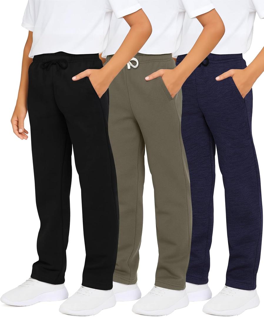 Real Essentials 3 Pack: Boys' Cotton Fleece Sweatpants - Open Bottom Athletic Pants with Pockets for Teens & Kids (Size 4-18) (Medium)