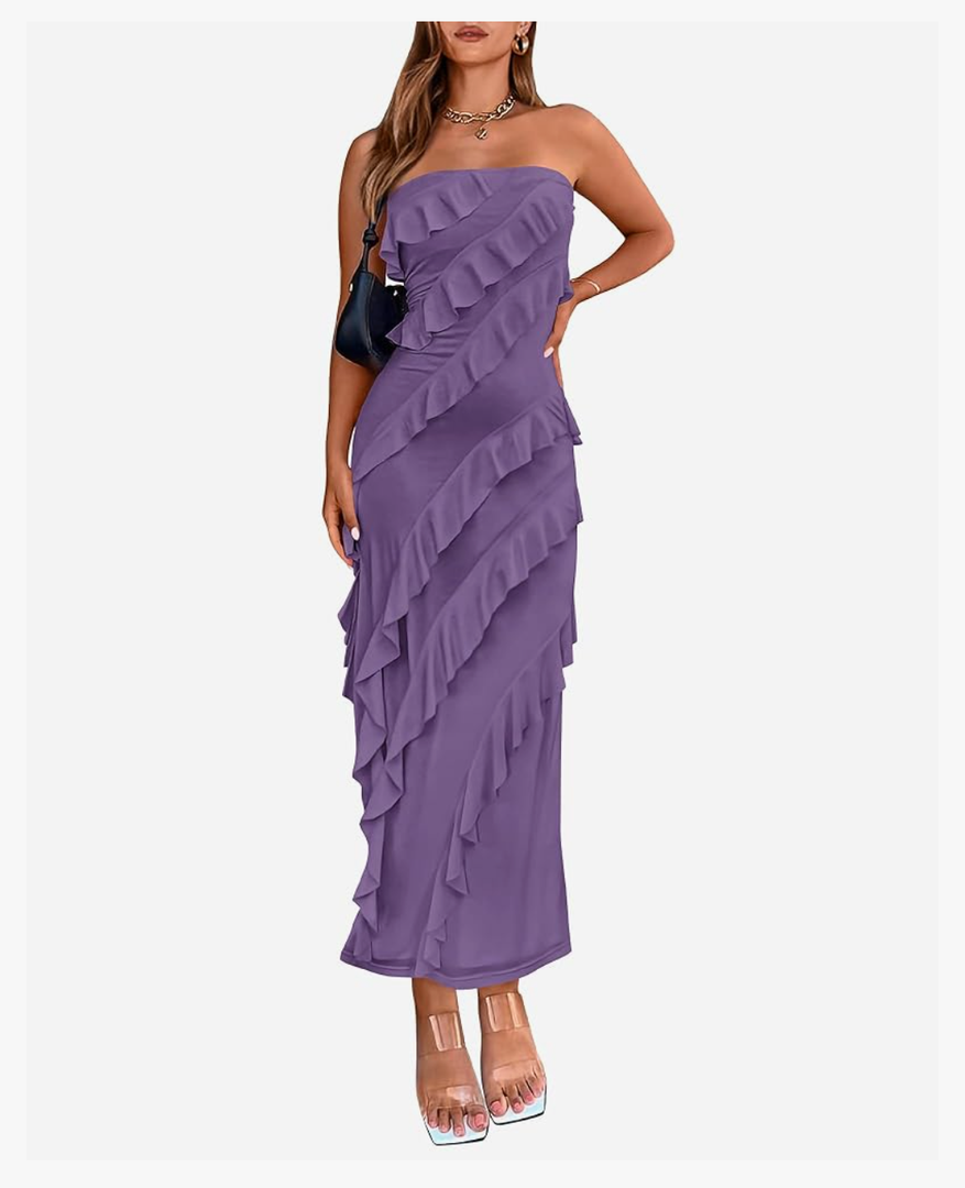 LBTFBM Women Summer Elegant Strapless Midi Ruched Bodycon Dress Solid Color Stretch Mesh Slim Party Cocktail Dresses, XL