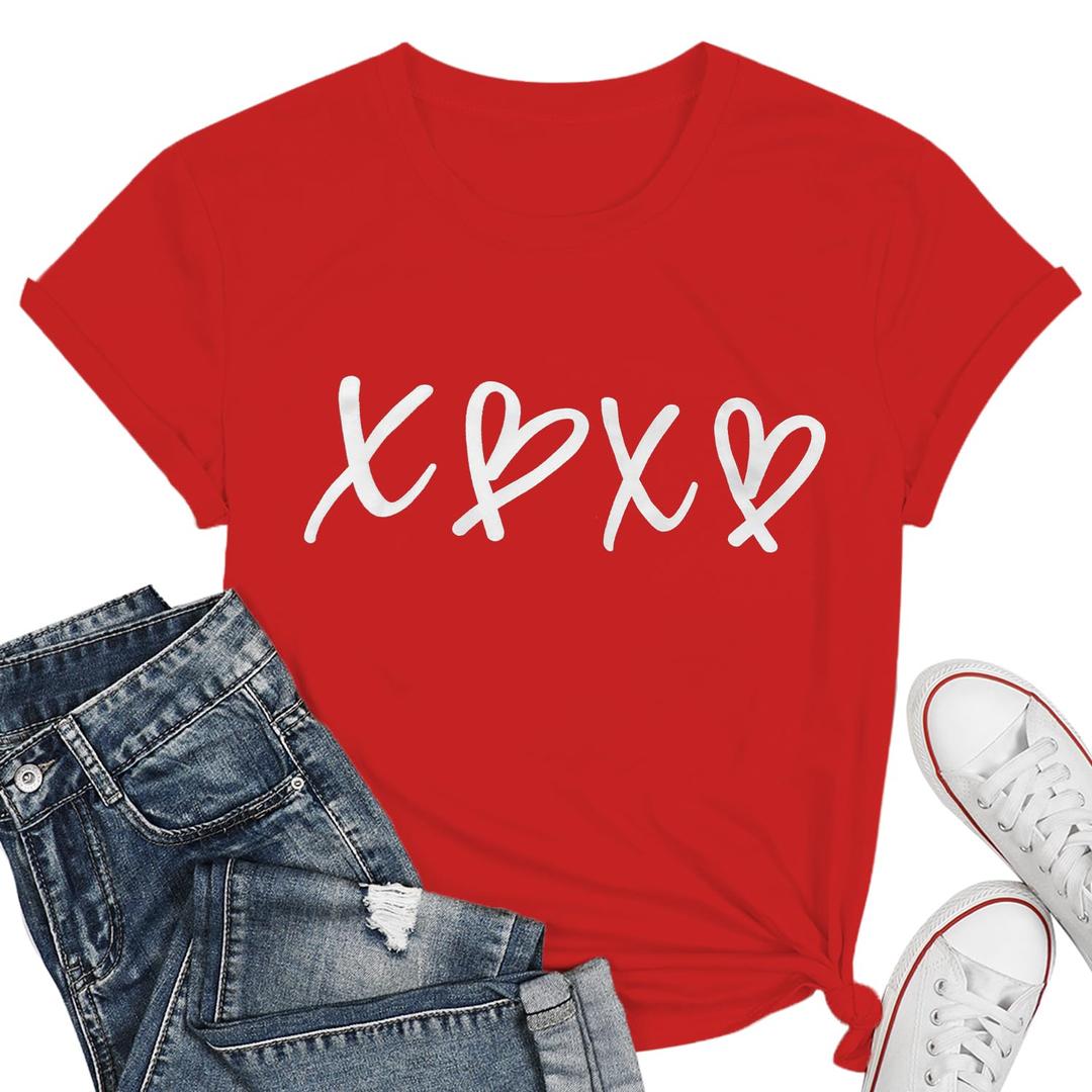 Valentines Shirts for Women Cute Valentines Short Sleeve Tee Tops Red Valentine Blous (Red, XL)