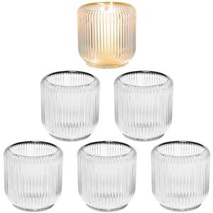 3 Pack Clear Glass Votive & Taper Candle Holders (3.5 Inch) - Thick Ribbed Tea Light & Candlestick Holders Set for Rustic Farmhouse, Living Room, Dining Room Decor