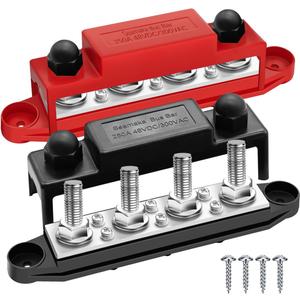 250A 12V Bus Bar Marine Power Distribution Block with Cover with 4 x 3/8Post 6 x #8 Screws Terminals,Battery Bus Bar (Pair,Red & Black),Automotive Busbars 12 Volt for Car Boat Solar Wiring