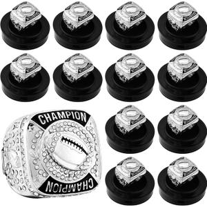 12 Pcs Football Championship Rings Ball Games Championship Trophy Rings Sport Ball Award Gift with Display Neck Chain and Stand for Tournament or Champion Winner (Silver)