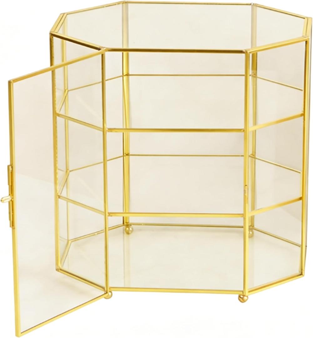 Elegant Glass Jewelry Display Box, 3-Tier with Gold Frame, Perfect Glass Case for Displaying Collectibles & Organizing Makeup, Multi-Functional Showcase