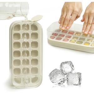 Ice Cube Tray with Lid and Bin 21 Pcs Quick-Fill Ice Cube Mold for Freezer Easy Press to Release White No-Touch Ice Cube Trays, Pack of 2 