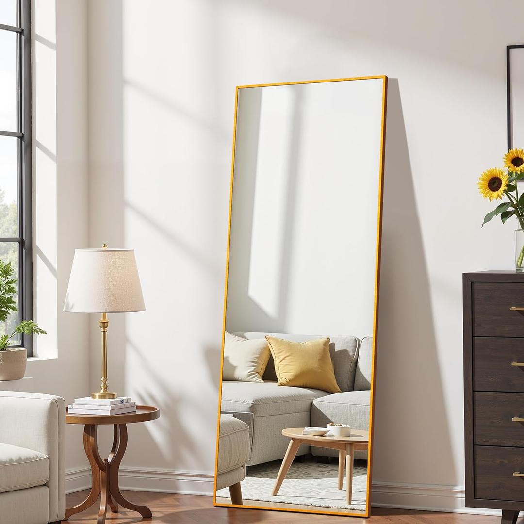 Aluminum Frame Large Mirror, 59"x16" Full Length Mirror with Stand, Free Standing Leaning Mirror Hanging Mounted Mirror for Bathroom Living Room, Gold