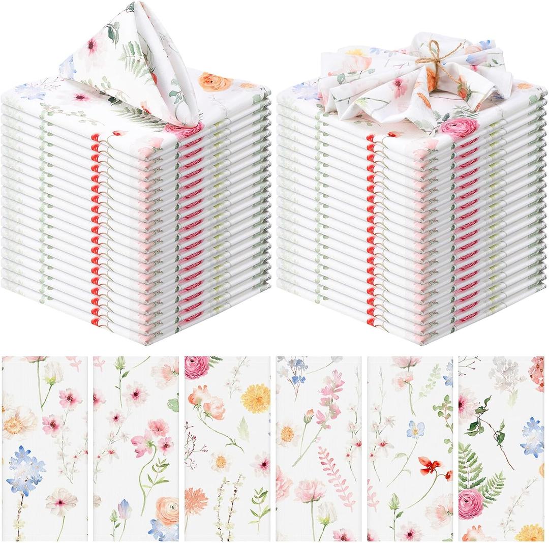 24 Pcs Fresh Floral Cloth Napkins for Wedding Wildflower 15" x 15" Reusable Soft Fabric Flowers Plants Napkins Square Washable Dinner Decorative Towel for Summer Tea Theme Party