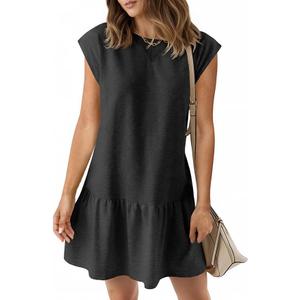 Women's T Shirt Dress Casual Short Cap Sleeve Ruffle Hem Crewneck Loose Mini Dresses M