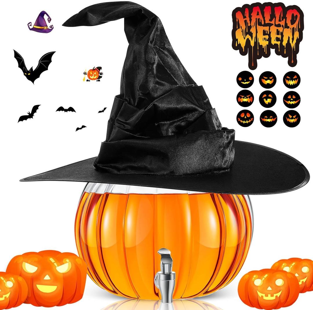 12 Pcs Halloween Pumpkin Dispenser Kit for Trick or Treat, Include 2 Gallon Glass Pumpkin Bowl Beverage Drink Dispenser with Spigot, Halloween Witch Hat and 10pcs Spooky Stickers