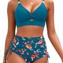 High Waisted Bikini - Two Piece Swimsuit for Women Tummy Control Modest Bathing Suit 2025 Cutout Twist Swimwear (Large, Teal and Floral)