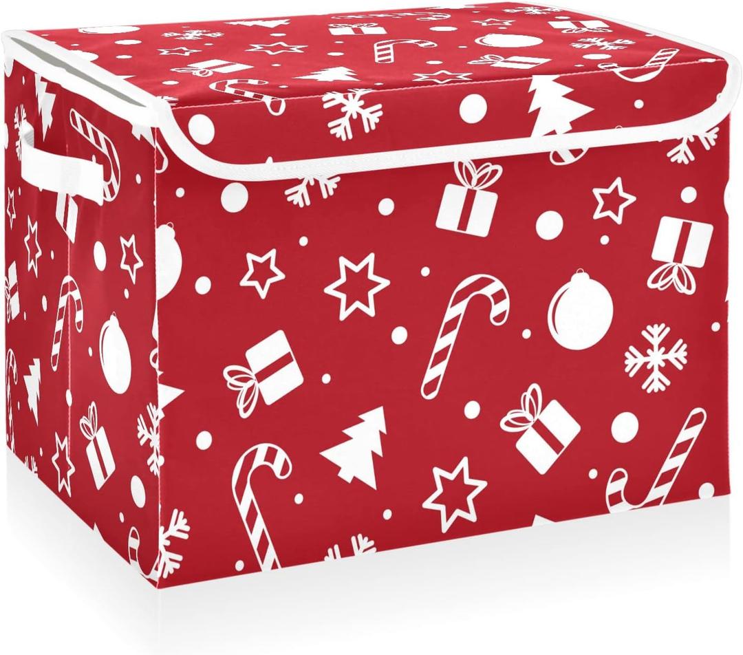 CaTaKu Large Fabric Storage Bins With Lids, Red Christmas Tree Storage Boxes With Handles for Organizing Clothes, Collapsible Storage Cube Bins Baskets for Shelves